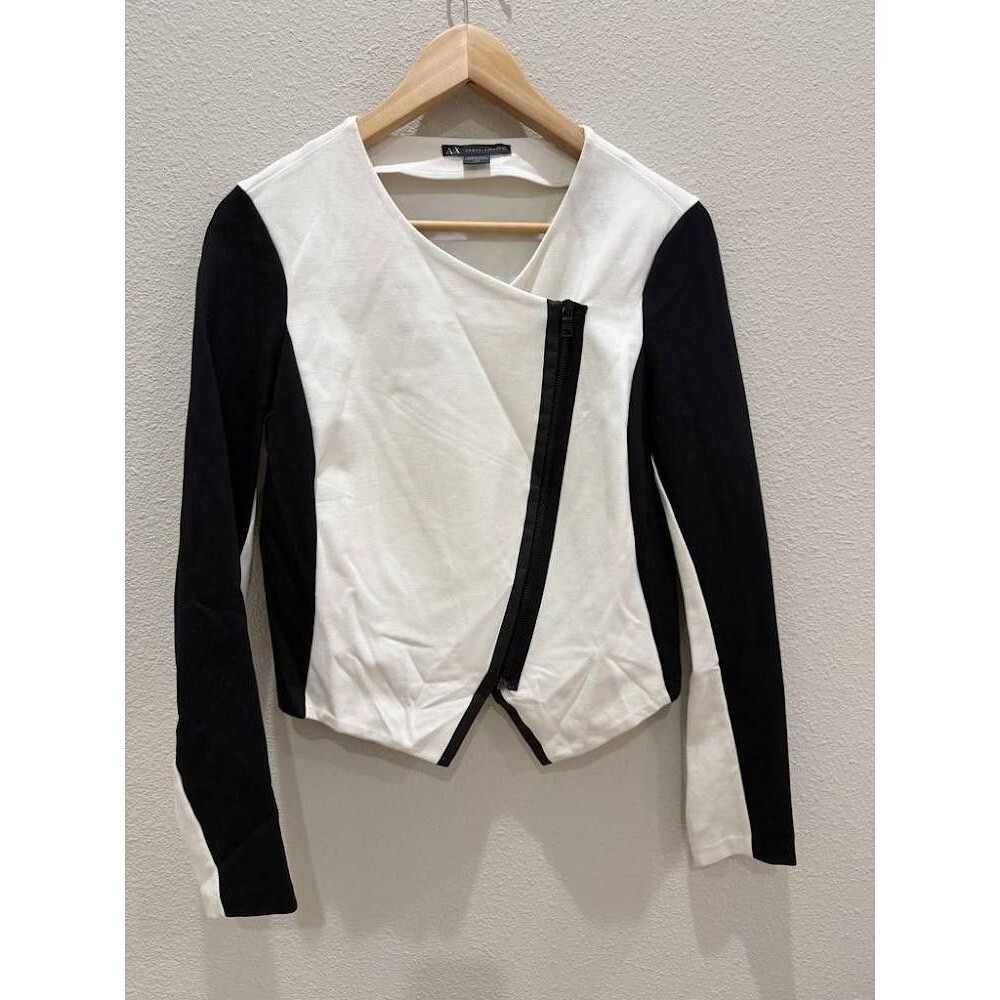 Armani Exchange Colorblock Asymmetrical Zip Moto Jacket Black White Medium